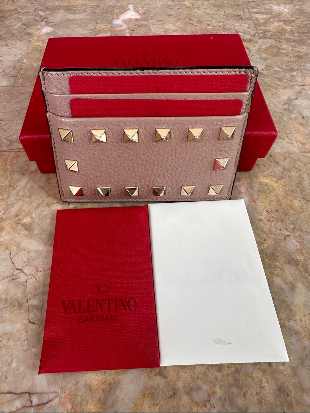 Valentino Garavani Pink and Red Leather Rockstud Card Holder